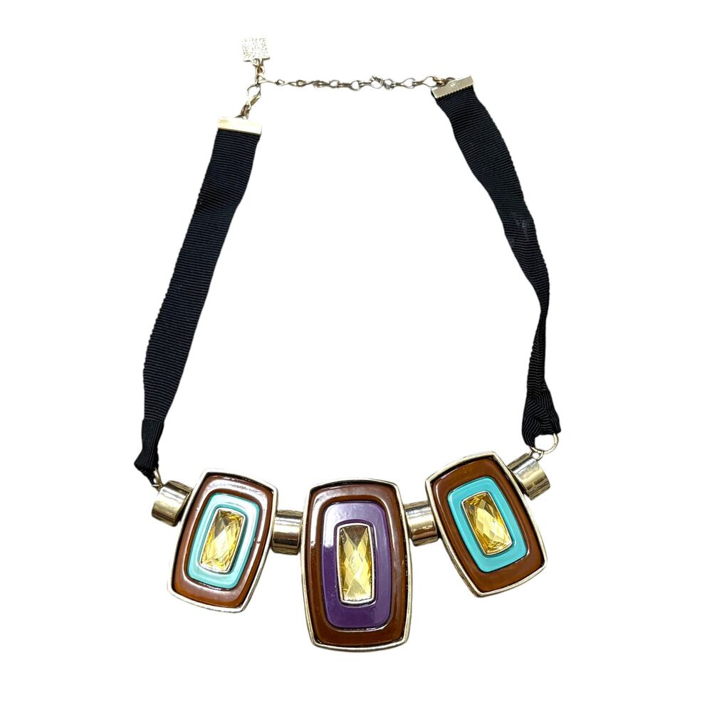 Anne Klein Mod Color-Block Statement Bib Necklace Vintage 90s Enamel Topaz